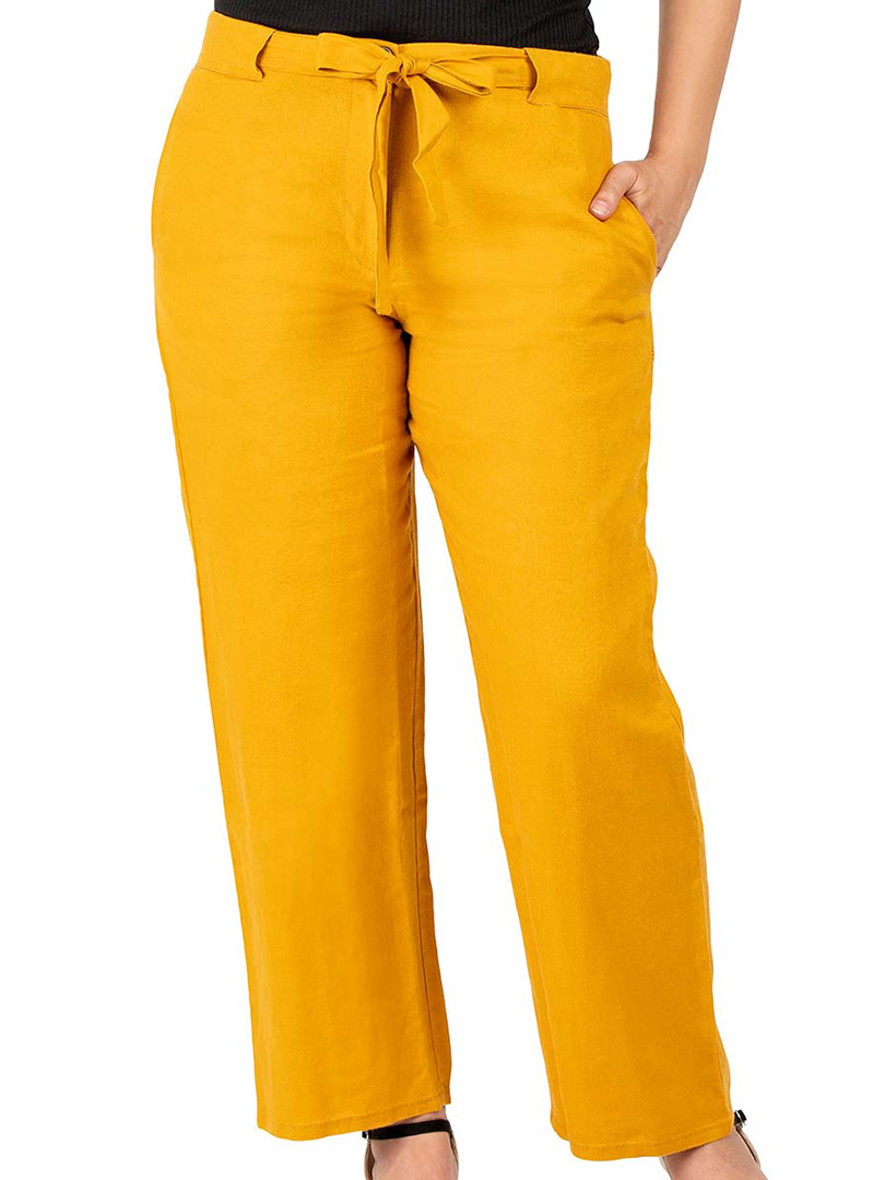 Linen High Waist Front Knot Saffron Yellow Pants - FILATO Cotton